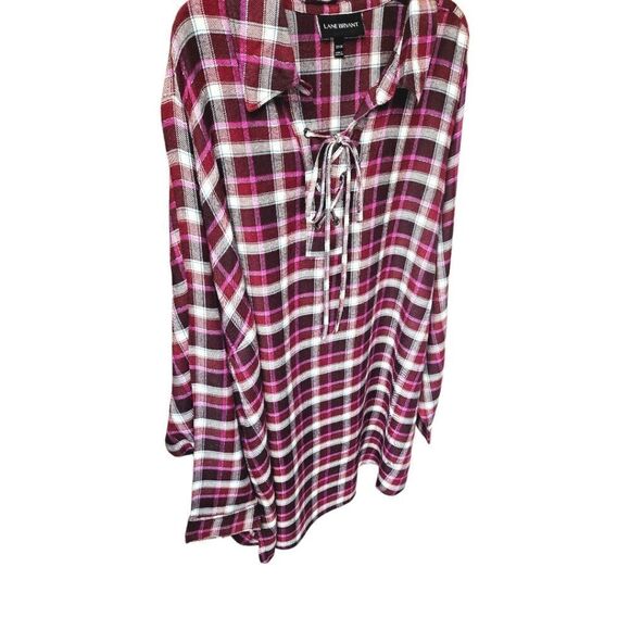 LANE BRYANT Plus Size Long sleeve Shimmery Plaid Top With Tie Front Closure. - Picture 6 of 14